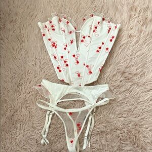 PLAYBOY White and Red Heart Embroidered Bustier & Garter Set